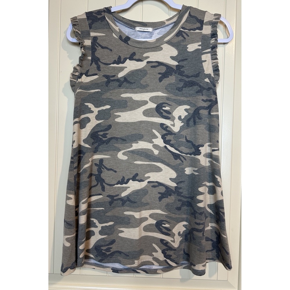 12pm By Mon Ami camo cap‎ ruffle sleeve tunic top shirt blouse sz M